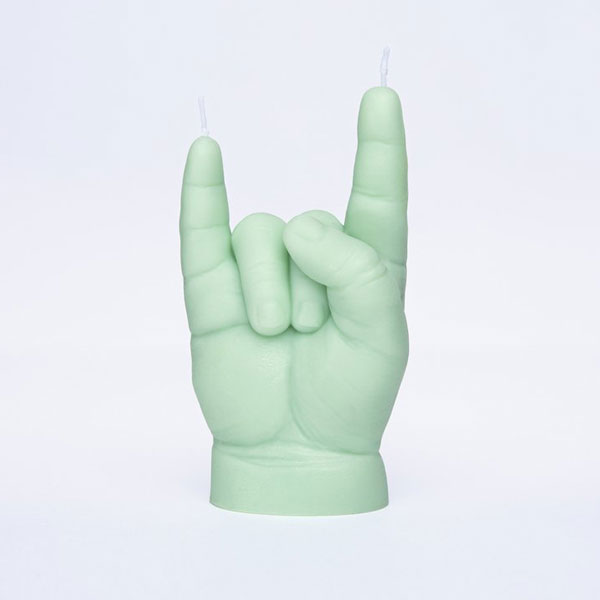 you rock devil horns baby hand candle green