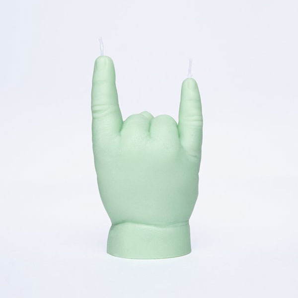 baby hand devil horns green candle