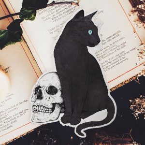 black cat and human skull sticker
