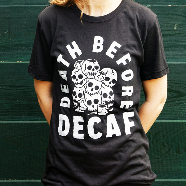 death before decaf black organic cotton t-shirt with white skulls