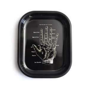 small metal catch all tray illustrated with a vintage palmistry print