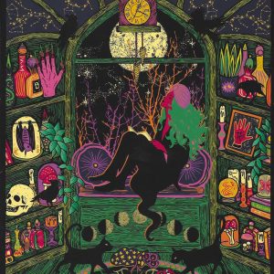 Witchy girl in windowsill looking outside stargazing art print