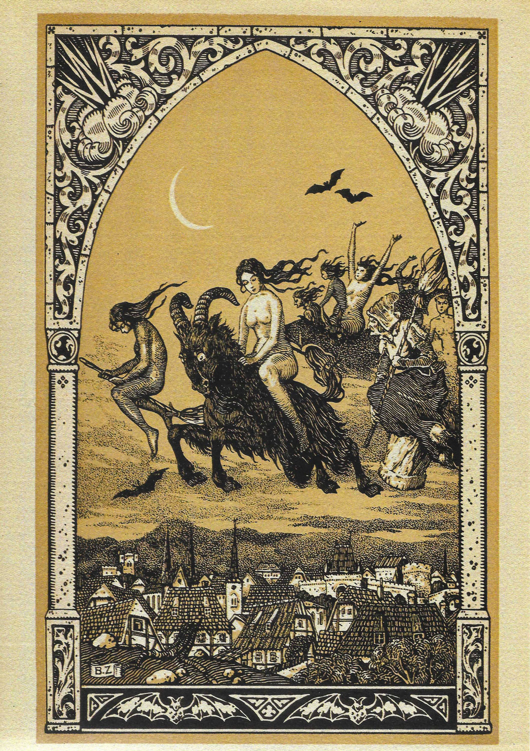 woodcut print yellow background flight of the witches art print