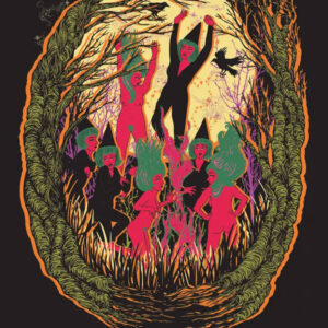 Witches dancing round the bonfire in the middle of the woods under a starry sky. Watched by some crows. Art print.