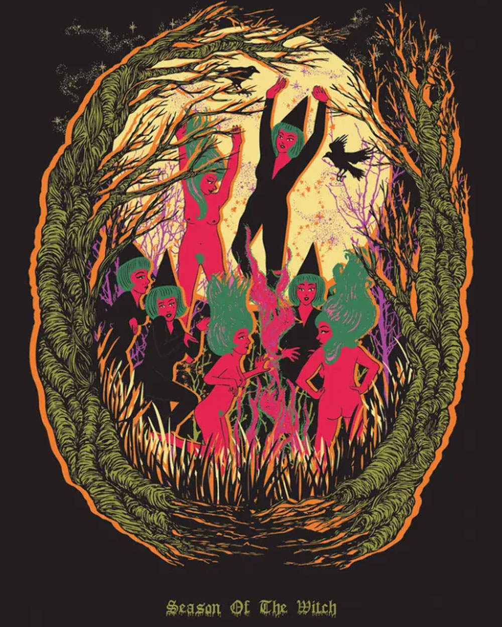 Witches dancing round the bonfire in the middle of the woods under a starry sky. Watched by some crows. Art print.