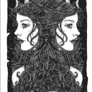 black and white illustration of two women and the moon phases called sisters of the moon