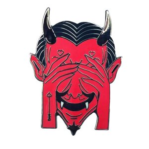 Red devil enamel pin with silver horns and goatee.
