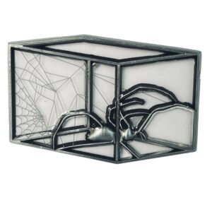 Silver spider in a cage with spiderweb enamel pin.
