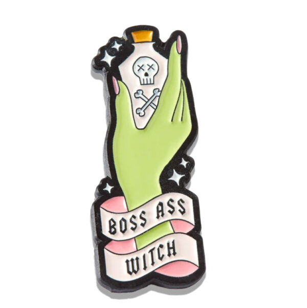 Green hand holding a potion bottle with a banner saying boss ass witch.