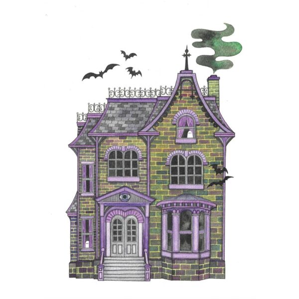 Haunted House Print in purple and green with ghosts and bats.