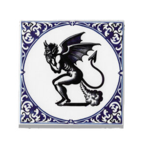 Dutch ceramic tile in delftsblauw with a farting devil on it