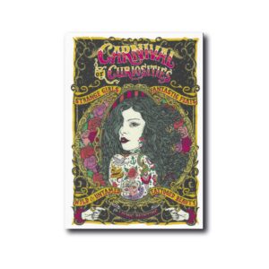 Art print of a tattooed Lady fully covered in tattoos as a living painting. Vintage carnival style