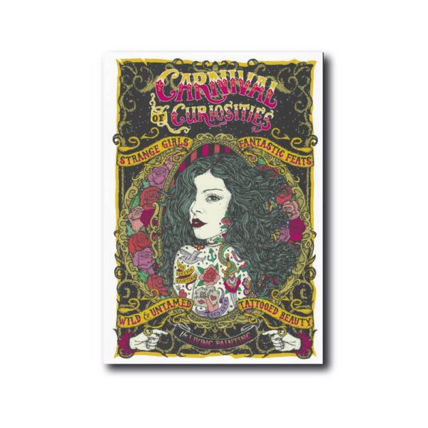 Art print of a tattooed Lady fully covered in tattoos as a living painting. Vintage carnival style