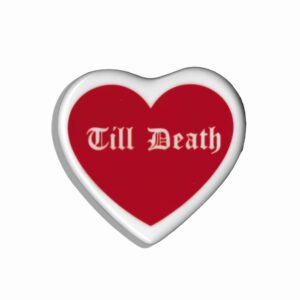 Heart shaped ceramic tile with a red heart on it and the text till death in white