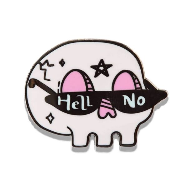 Hard enamel pin from a skull wearing shades saying hell no.