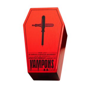 Vampons the gothic black tampons. Organic cotton, red coffin shaped box with 20 tampons