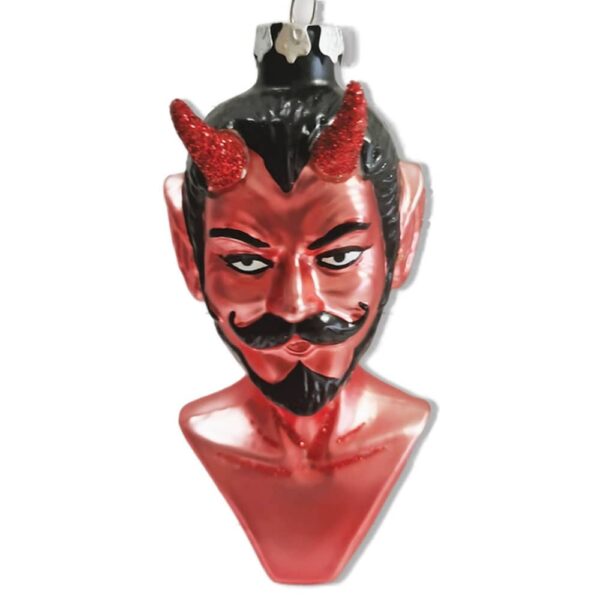 Red devil glass christmas ornament with red glitter devil horns.