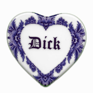 Heart-shaped ceramic tile in blue saying Dick