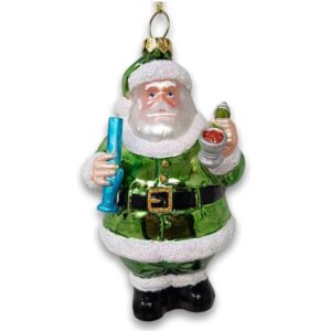 Glass Christmas Ornament of a Green Santa holding a bong