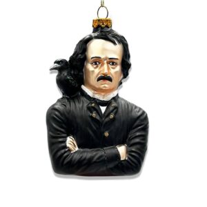 Edgar Allan Poe with a raven on his shoulder glass christmas ornament.