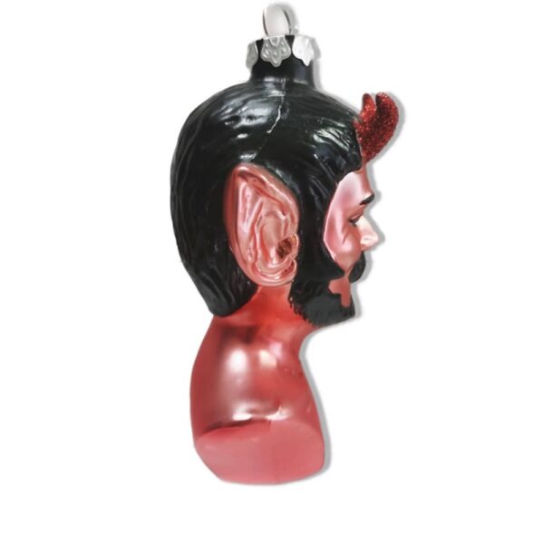 Side of a red devil glass christmas ornament.