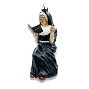 Glass Christmas Ornament of a smoking nun that flips the bird.