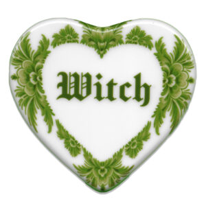 Ceramic Tile in Green heart shaped saying Witch