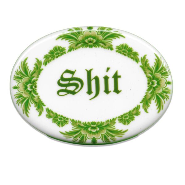 Green oval ceramic tile saying shit